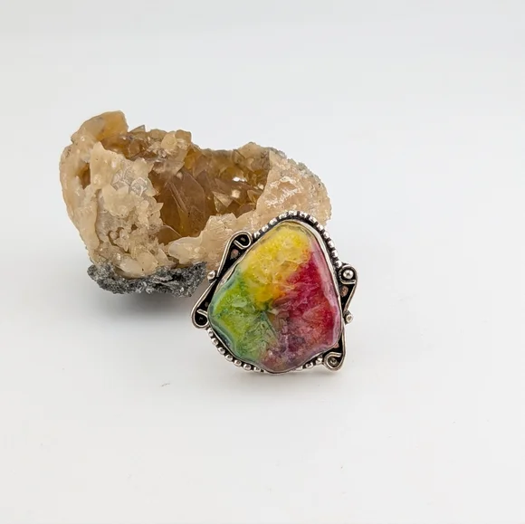 Sterling Silver Rainbow Solar Quartz Stone Ring Size 8 - Picture 1 of 3